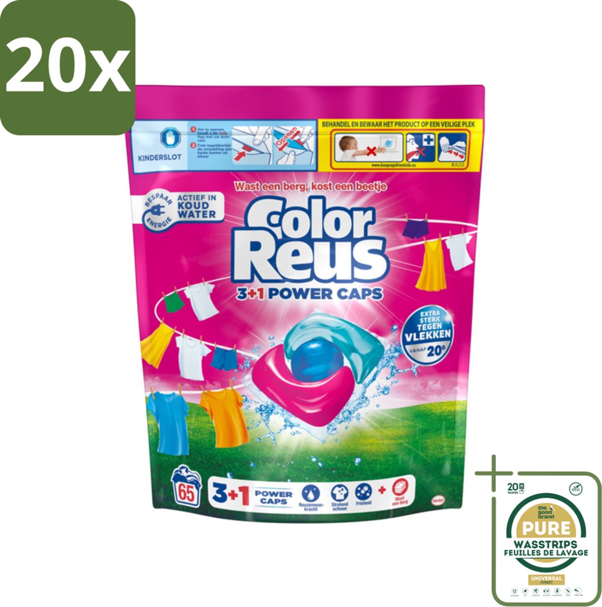20 x Color Reus - 3+1 Power Caps - Gekleurde Was - 65 Wasbeurten - Grootverpakking - Gekleurde Was - Kleurbehoud - Vlekverwijdering - Reus Power Caps - Wasresultaten
