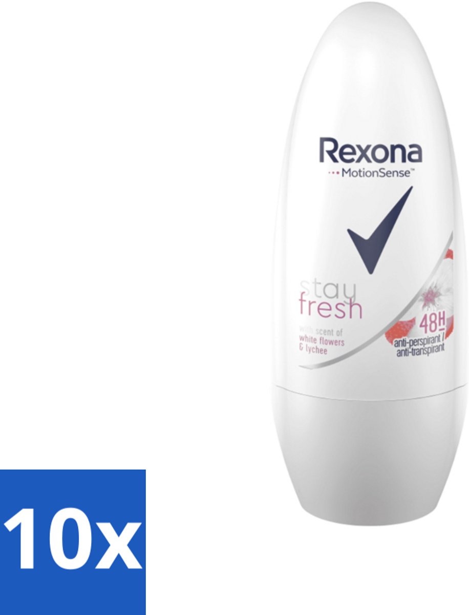 10 x Rexona - Deodorant Roller - Motion Sense - Stay Fresh - Witte bloemen & Lychee - Anti-Transpirant & Perspirant - 50ml - Anti-transpirant - Deodorant Roller - MotionSense - Geur Witte Bloemen En Lychee - Frisheid