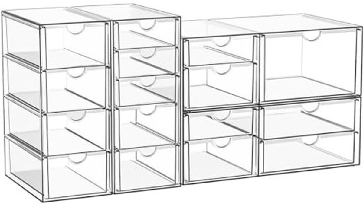 Set van 4 doorzichtige cosmetica- en bureau-organizers met 16 handige laden