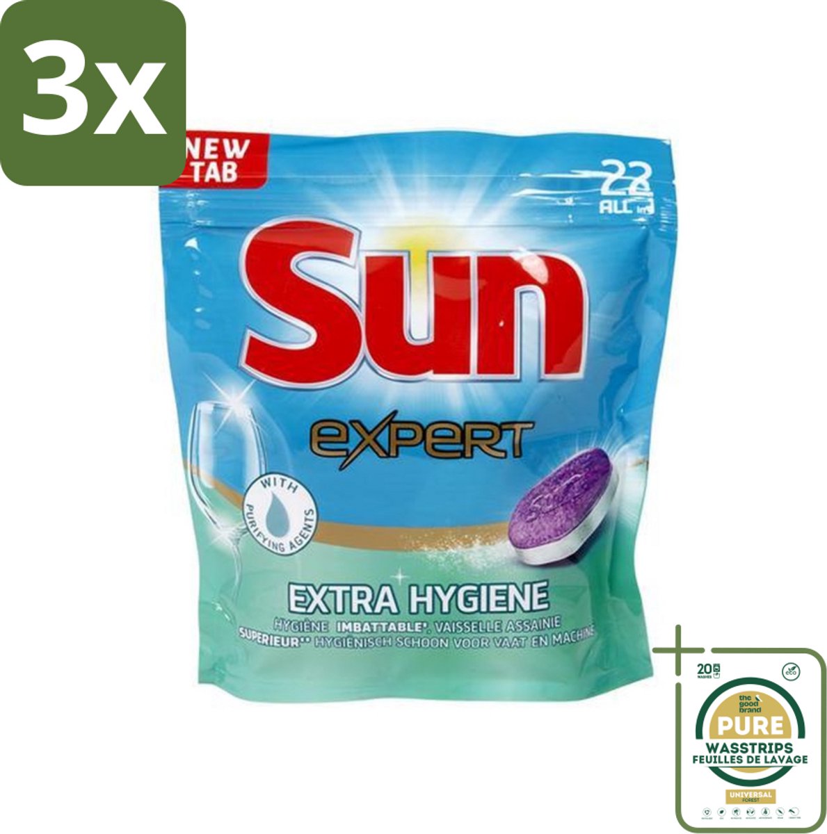 3 x Sun Expert - Extra Hygiëne - Vaatwastabletten - 22 Tabletten - Grootverpakking - Vaatwastabletten - Hygiëne - Vaatwasser - Reiniging - Kalk