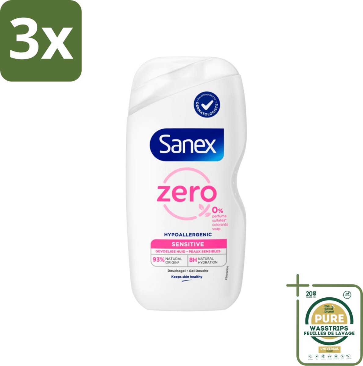 3 x Sanex Zero% - Douchegel - Gevoelige Huid - 0% Parfumsulfaten - Hypoallergeen - 400 ml - Grootverpakking - Gevoelige Huid - Hypoallergene Douchegel - 0% Parfum - 0% Sulfaten - Milde Reiniging