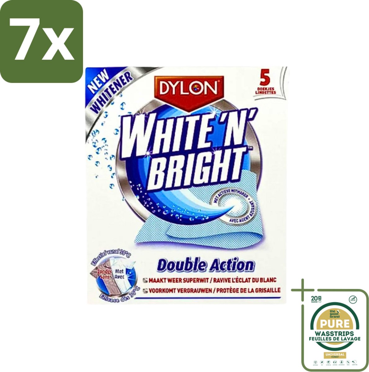 7 x Dylon - Vlekverwijderaar - White & Bright - Superwit & Vlekkeloos - 5 Doekjes - Grootverpakking - Wit Maken Kleding - Vlekverwijderaar - Wit Textiel - Koffievlek - Theevlek