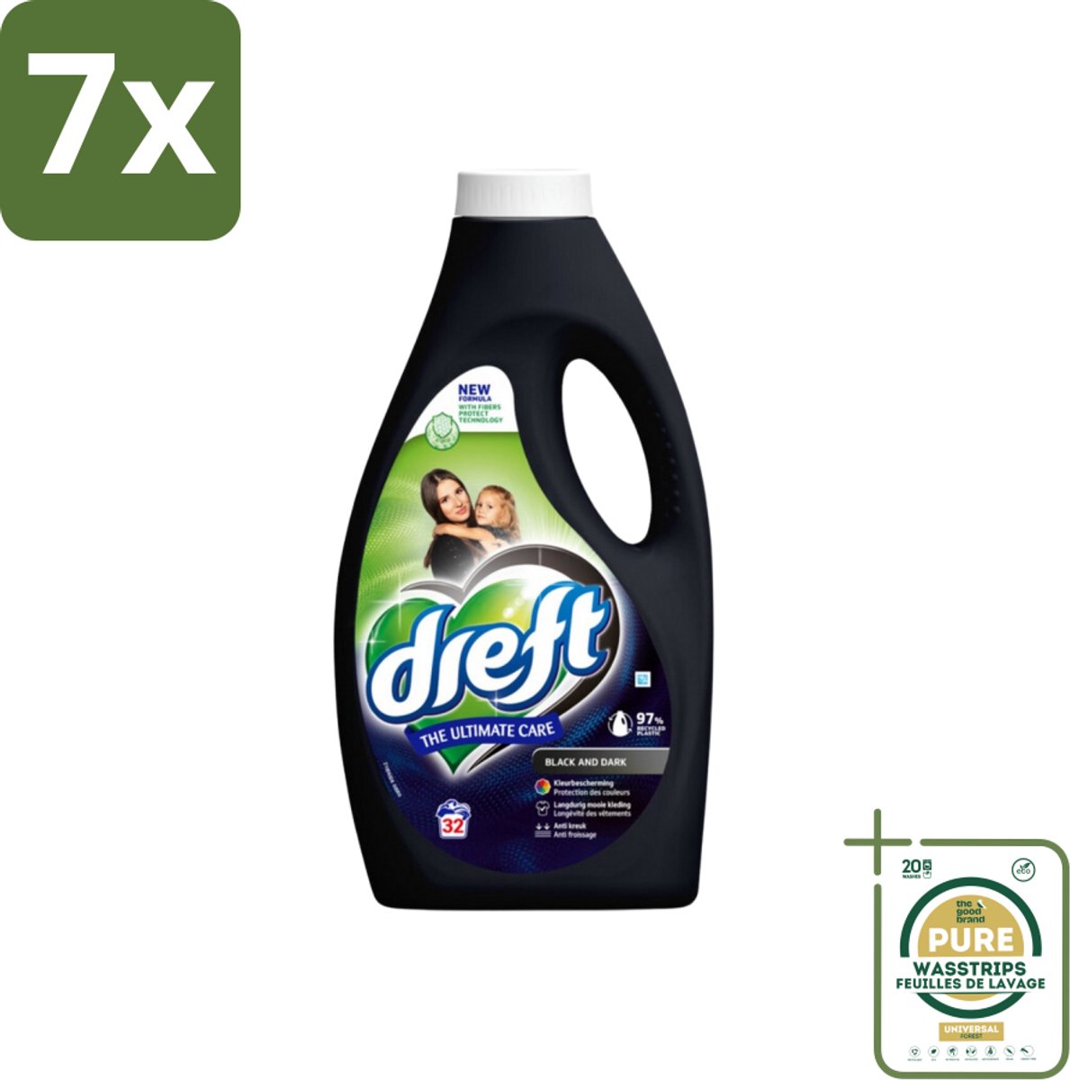 7 x Dreft Vloeibaar Wasmiddel Zwart & Donker 32 Wasbeurten 1,4 liter - Grootverpakking - Donkere Was - Kleurbescherming - Vloeibaar Wasmiddel - Wasmiddel Zwart - Wasmiddel Donker