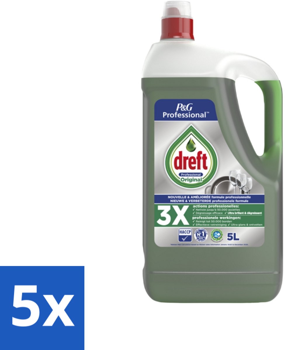 5 x Dreft Professional - Vloeibaar Afwasmiddel - Regular - 5 L - Afwasmiddel - Reinigingsmiddel - Vaat Reinigen - Ramen Reinigen - Spiegel Reinigen