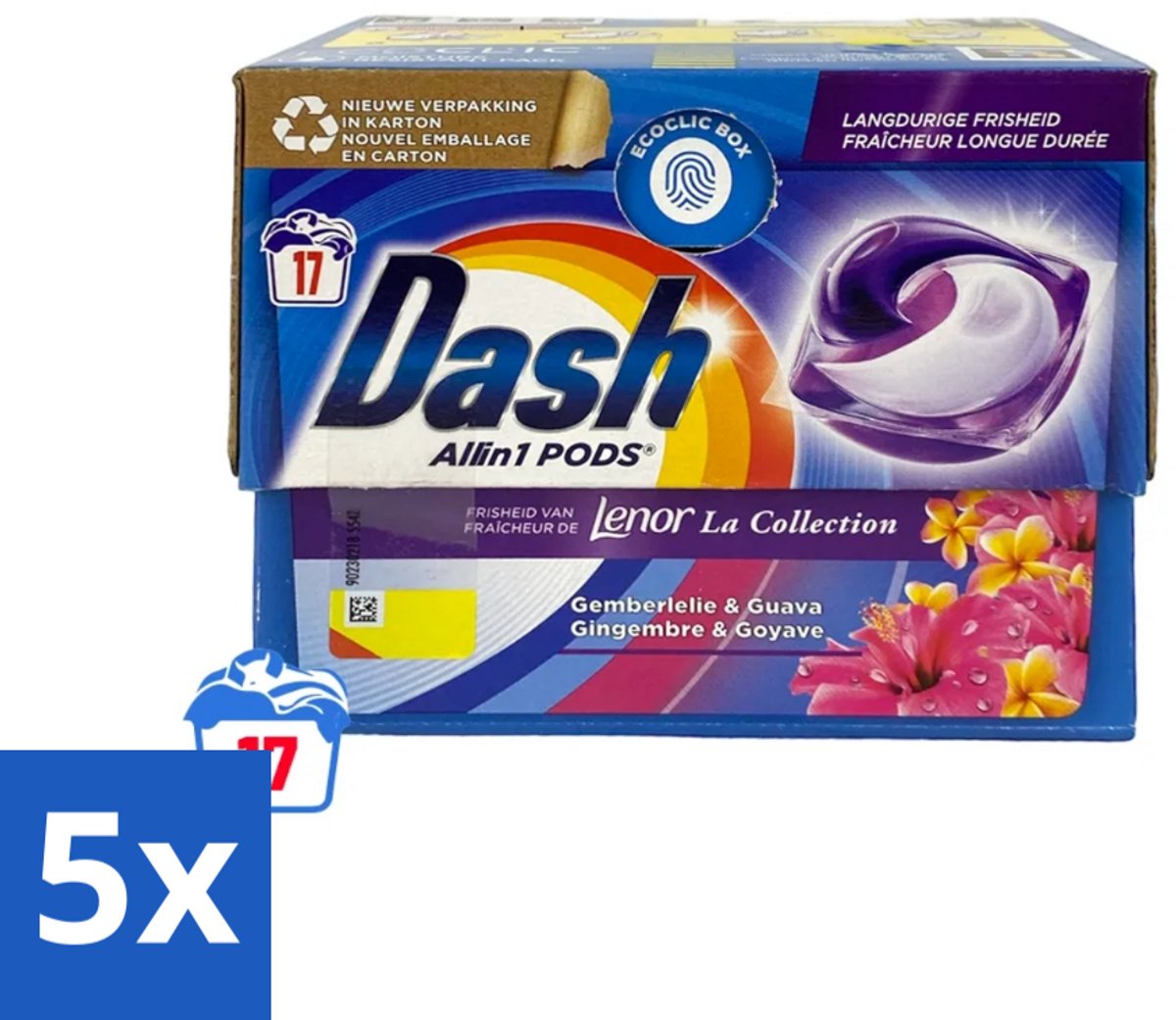 5 x Dash - Lenor Collectie - Wasmiddel Capsules - All-in-1 Pods - Witte en Gekleurde Was - Gemberlelie & Guava - 17 Wasbeurten - Wasmiddel Capsules - Wasmiddel Pod - Wasmiddel Wit - Wasmiddel Gekleurd - Wasmiddel Frisheid