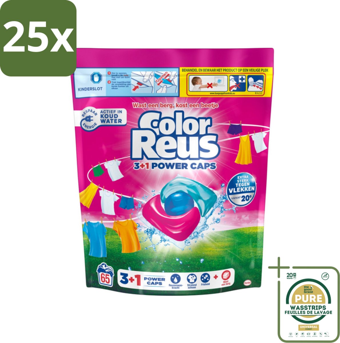 25 x Color Reus - 3+1 Power Caps - Gekleurde Was - 65 Wasbeurten - Grootverpakking - Gekleurde Was - Kleurbehoud - Vlekverwijdering - Reus Power Caps - Wasresultaten