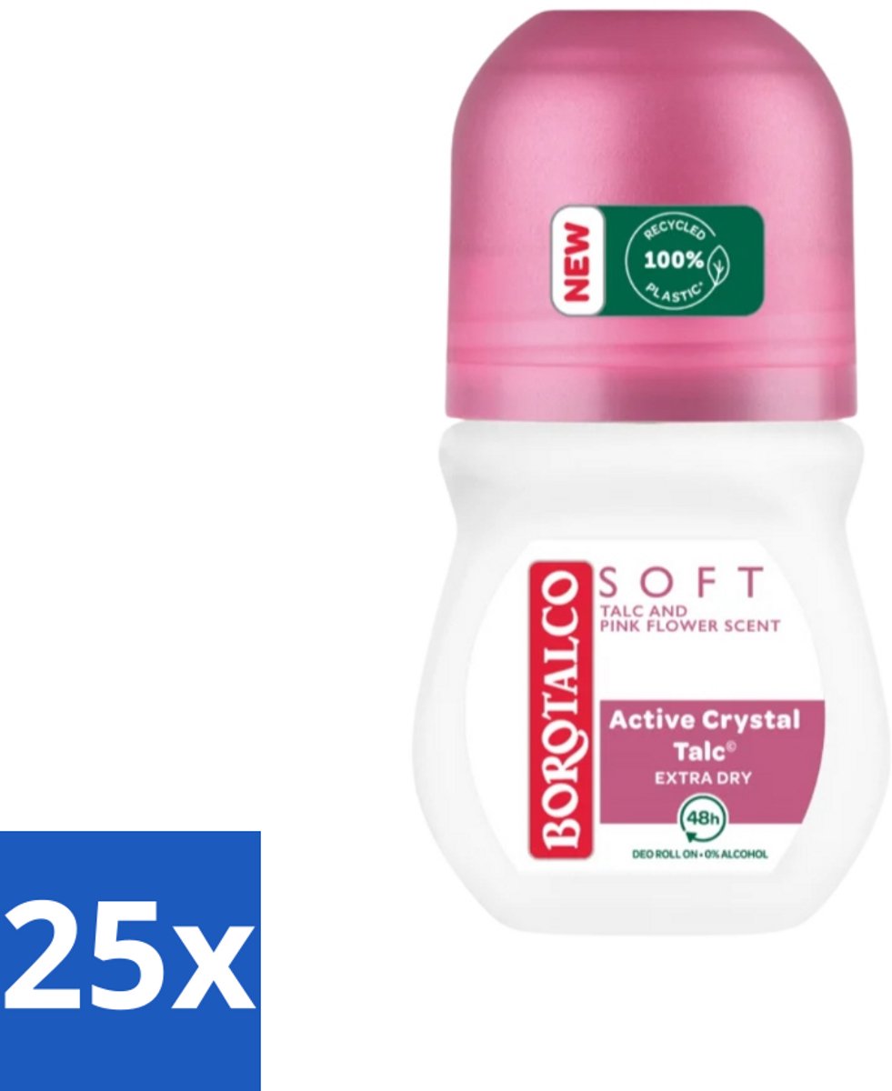 25 x Borotalco - Deodorant Roller - Soft - Talc & Pink Flower - 0% Alcohol - 50 ml - Deodorant Roller - Talc - Droge Huid - Zweetgeur - Bloemige Geur