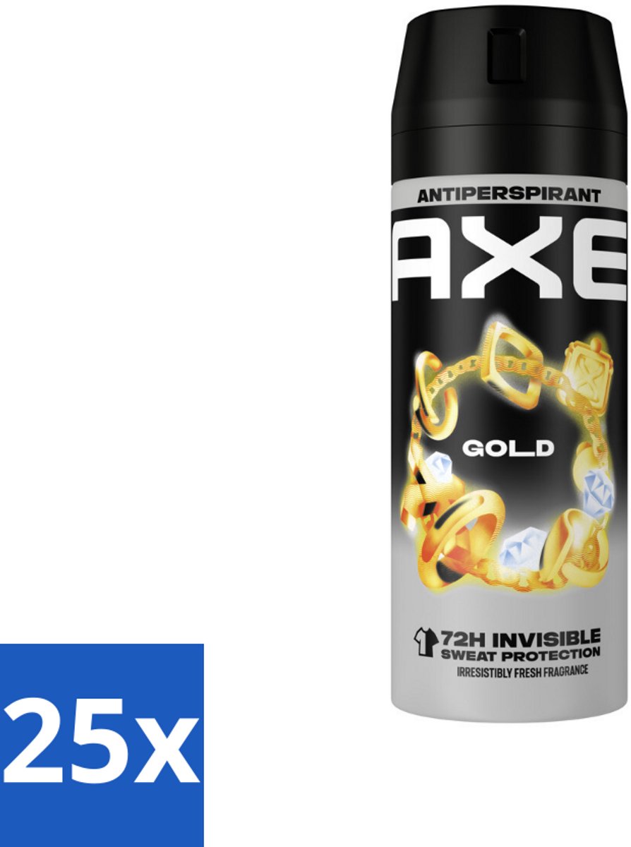 25 x Axe - Deodorant Spray - 72hrs Anti Sweat - Anti White Marks - Gold - 150 ml - Anti Transpirant Spray - 72 Uur Bescherming - Zweetvoorkomend - Witte Strepen Voorkomen - Oud Wood Geur