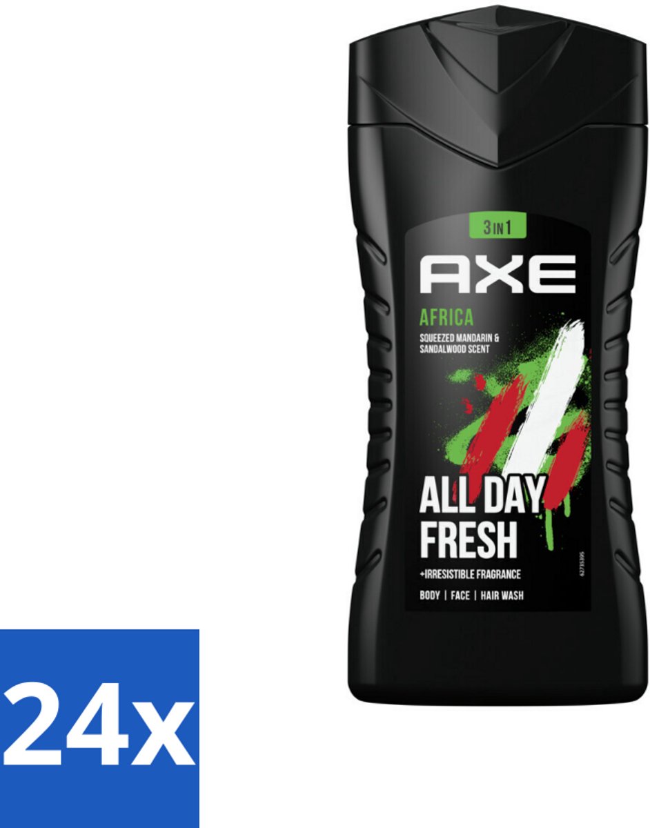 24 x Axe - 3-in-1 Douchegel - Africa - Squeezed Mandarin & Sandalwood - 12hrs Long Lasting Scent - 250 ml - Douchegel - Axe - 3-in-1 - Mandarijn - Sandelhout