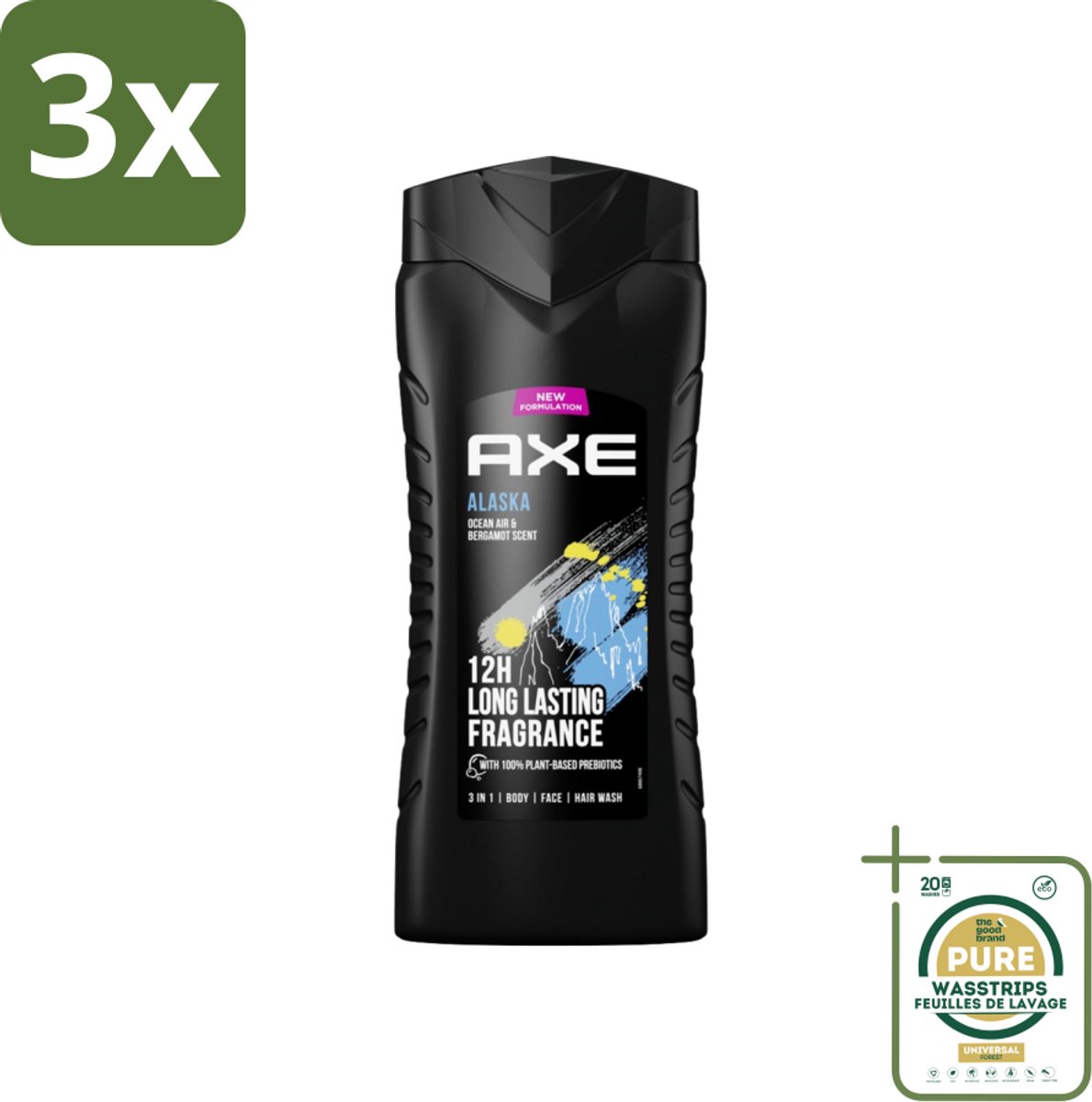 3 x Axe XL - 3-in-1 Douchegel - Alaska - Ocean Air & Bergamot - 12hrs Long Lasting Scent - 400 ml - Grootverpakking - Douchegel - Oceaanlucht - Bergamot - Frisheid - 3-in-1