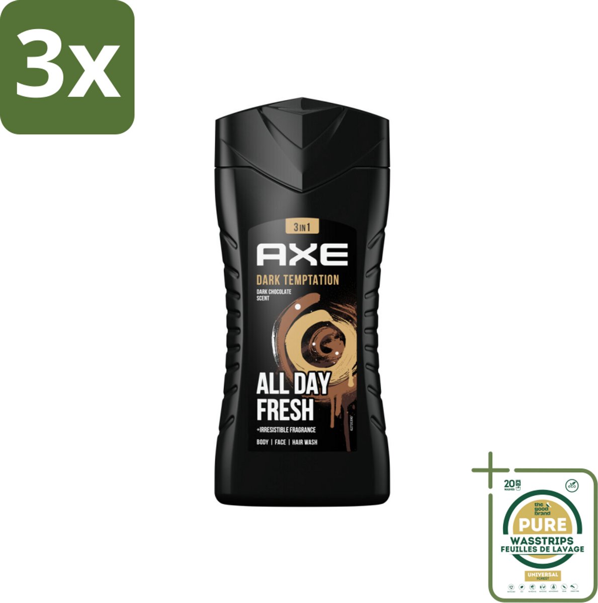 3 x Axe - 3-in-1 Douchegel - Dark Temptation - Dark Chocolate - 12hrs Long Lasting Scent - 250 ml - Grootverpakking - Douchegel - Geur - Lichaam - Gezicht - Haar