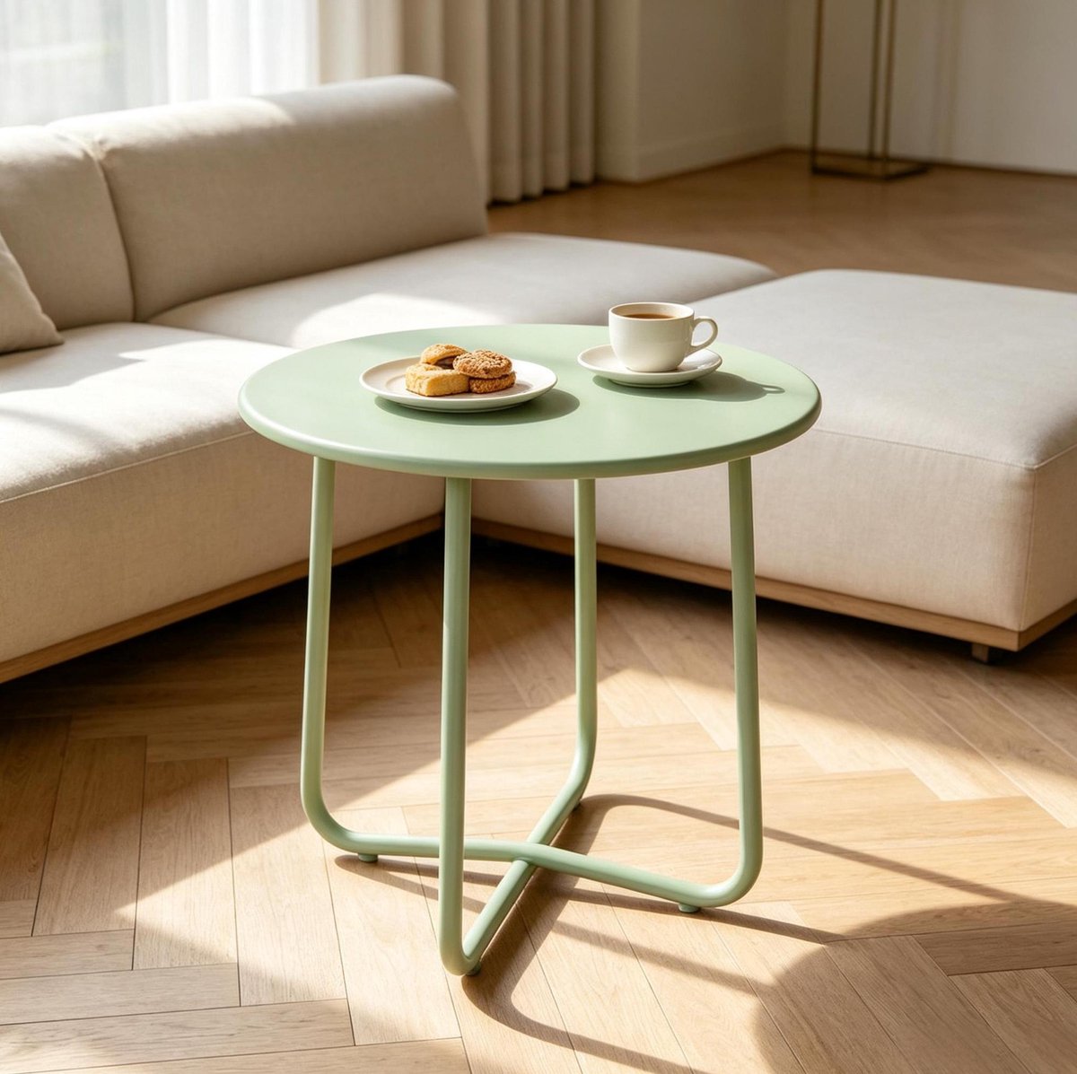 OKWISH Tuintafel - Ronde Bijzettafel Voor Buiten - Groen Metaal - Voor Tuin En Terras - Minimalistisch Design - Ø48 X 51 Cm