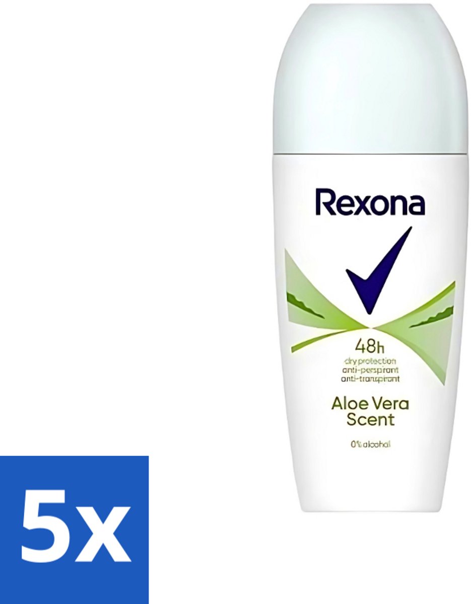 5 x Rexona - Deodorant Roller - Aloe Vera - 0% Alcohol - Anti-Transpirant & Perspirant - 50ml - Aloe Vera - Anti-transpirant - Deodorant - Zweet - Geur