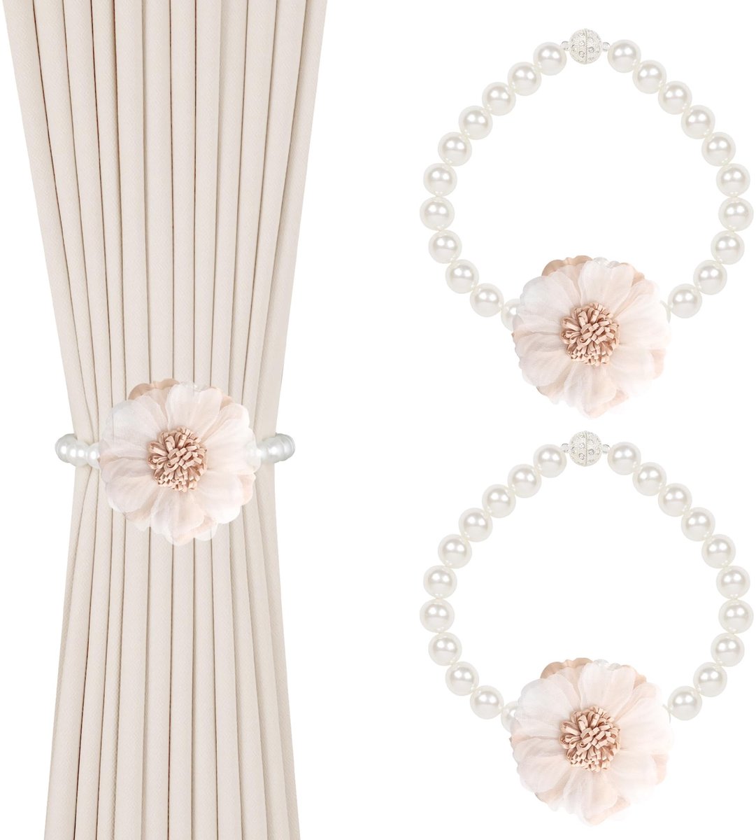 Elzusha - Set van 2 Handgemaakte Magnetische Parelgordijnen met Bloemdecoratie