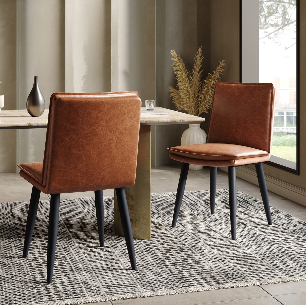 Wishdor Eetkamerstoel - 2-delige set - PU kunstleer - Metalen poten - Gewatteerde zitting - Modern design - Eetkamer woonkamer café - Bruin - Zonder armleuningen - 49 x 57 x 84 cm