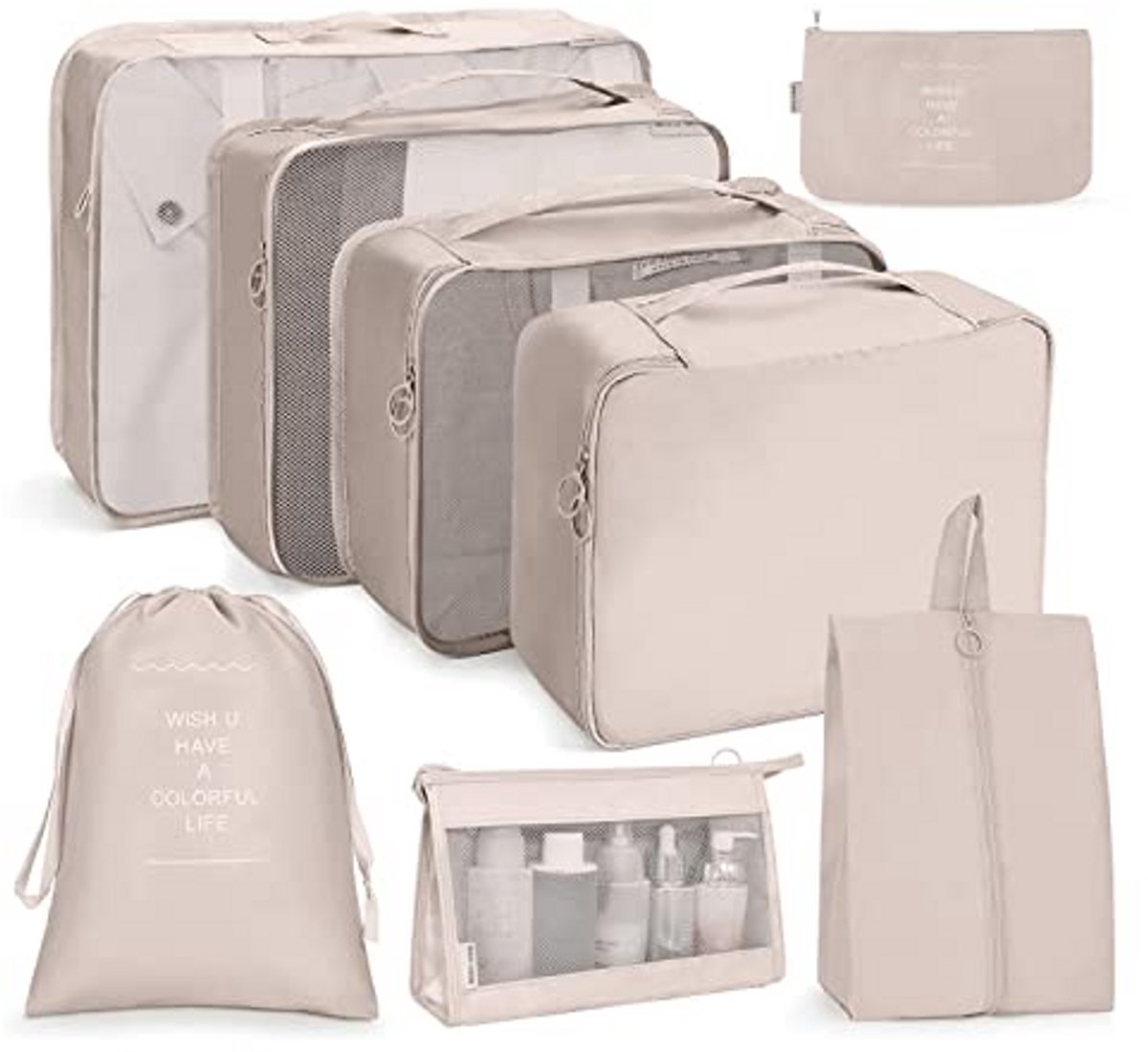 8-delige Packing Cubes Set, Waterdichte Koffer Organizer, Compressie Opbergzakken voor Kleding, Schoenen en Toiletartikelen, Beige