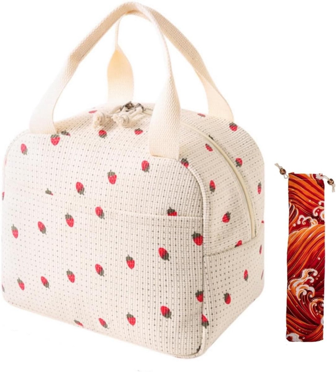 Vouwbare thermische lunchtas voor dames, geïsoleerde koel tas, picknicktas voor school en werk, inclusief bestekzak in aardbeienroze