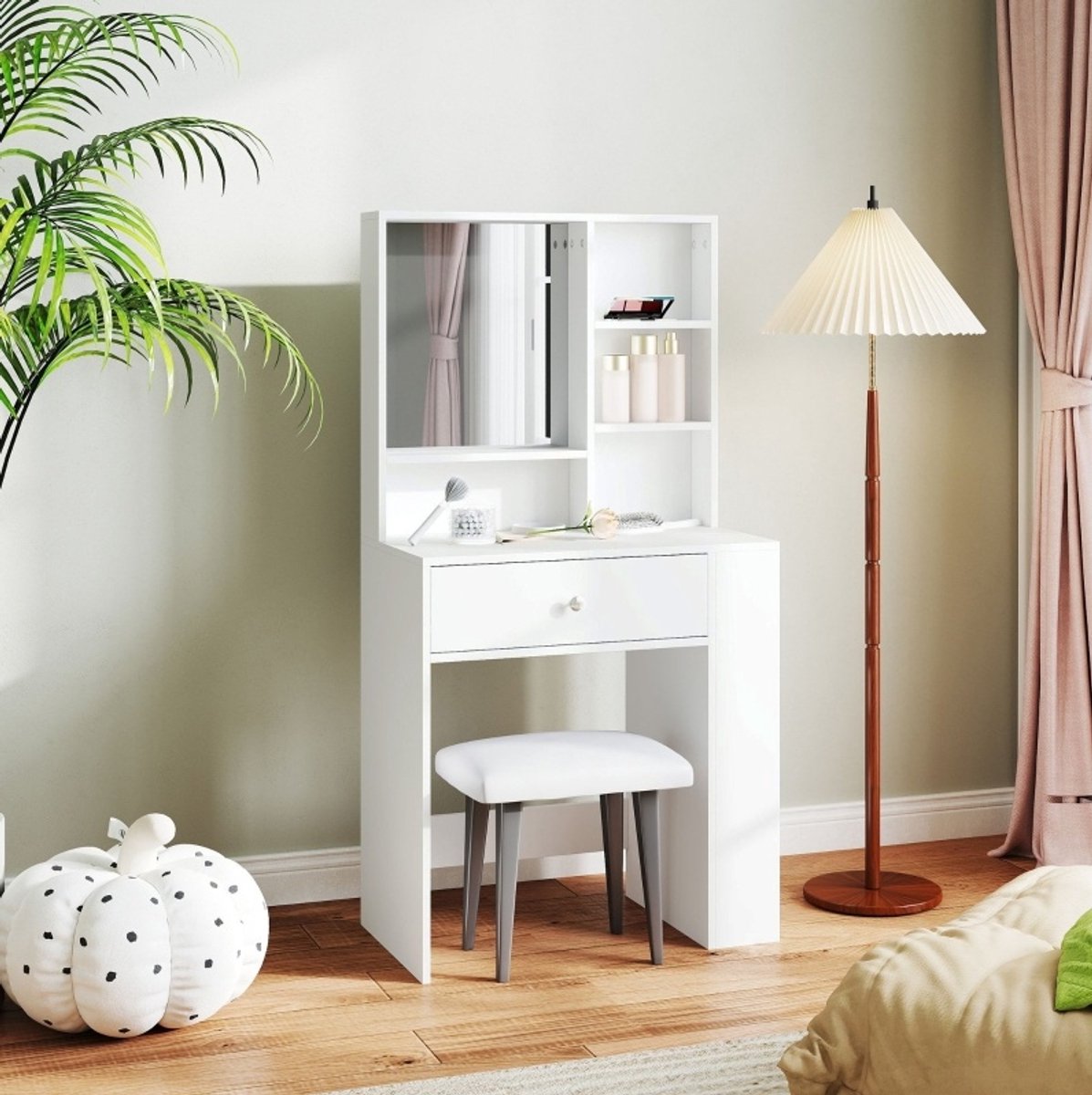 OKWISH Schminktisch Met Spiegel En Lade - Modern Minimalistisch - Witte Kaptafel Voor Slaapkamer - Hout - 70 X 40 X 137 Cm
