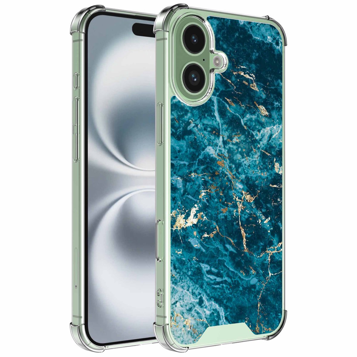 Smartphonica Geschikt voor iPhone 16 Plus Telefoonhoesje met Blauw Goud Marmer opdruk - Draadloos op te laden - Shockproof Siliconen TPU Strong Case - Sterk Schokbestendig Telefoonhoesje geschikt voor iPhone 16 Plus