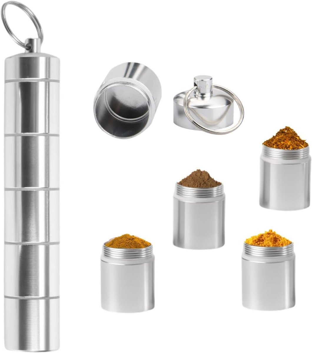 5-in-1 Mini Kruidenshaker en Pillendoos Sleutelhanger - Lichtgewicht Aluminium Kruidenset voor Barbecue, Kamperen en Reizen - 139 mm