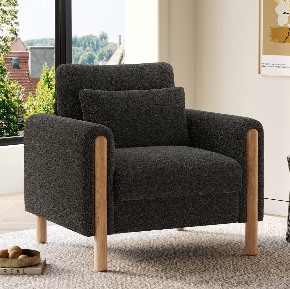 Wishdor Fauteuil - Teddy-stof en armleuningen - Dikke kussens en houten poten - Modern en compact - Woonkamer kantoor slaapkamer - Donkergrijs - 87 x 83 x 88,5 cm