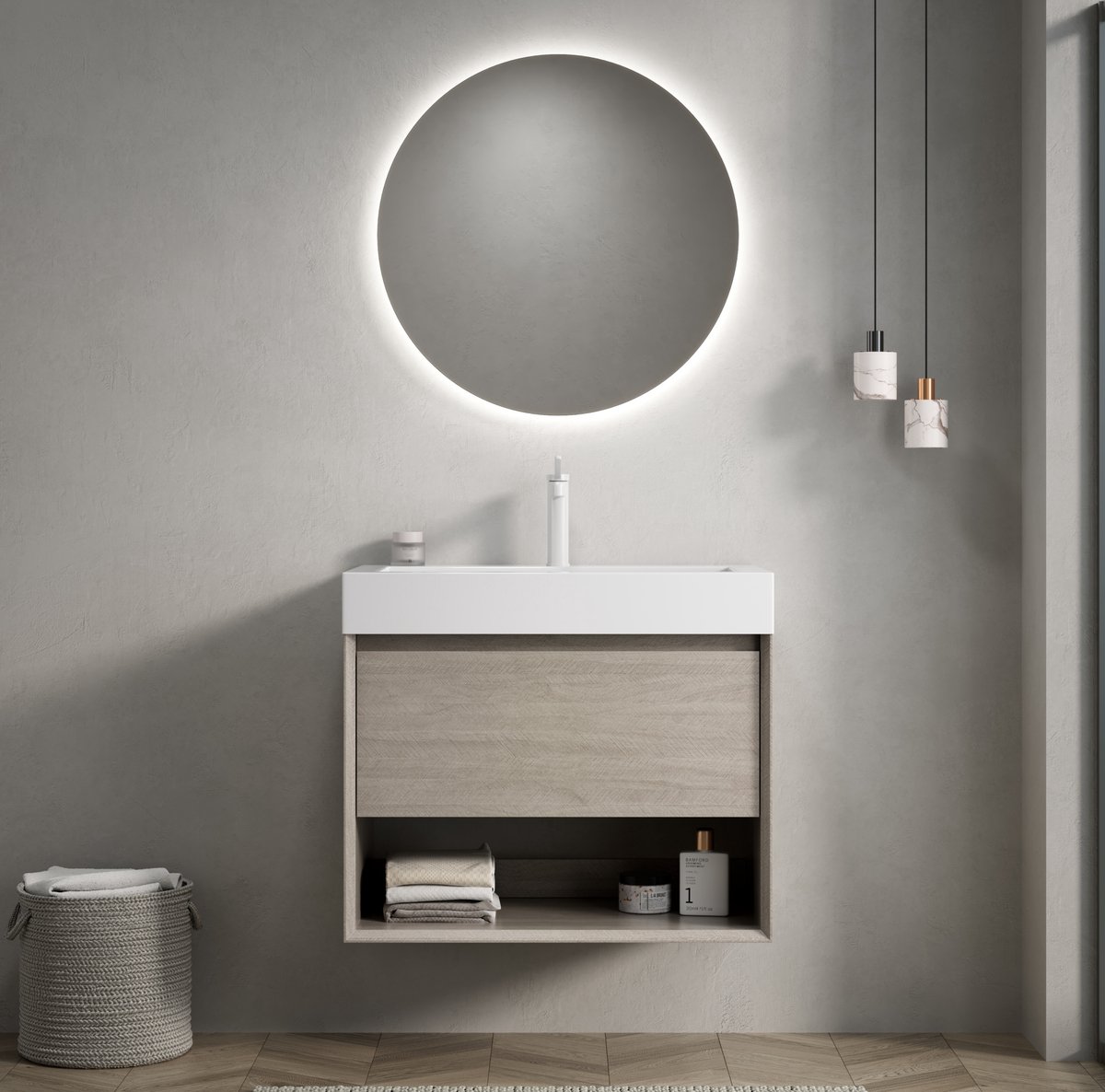 STILVORA Badkamerkast - Wandmodel Met Witte Wastafel En Lade - Open Opbergvak Voor Badkamer - Hout En Resin - 70x46x60 Cm - Licht Eiken;Wit