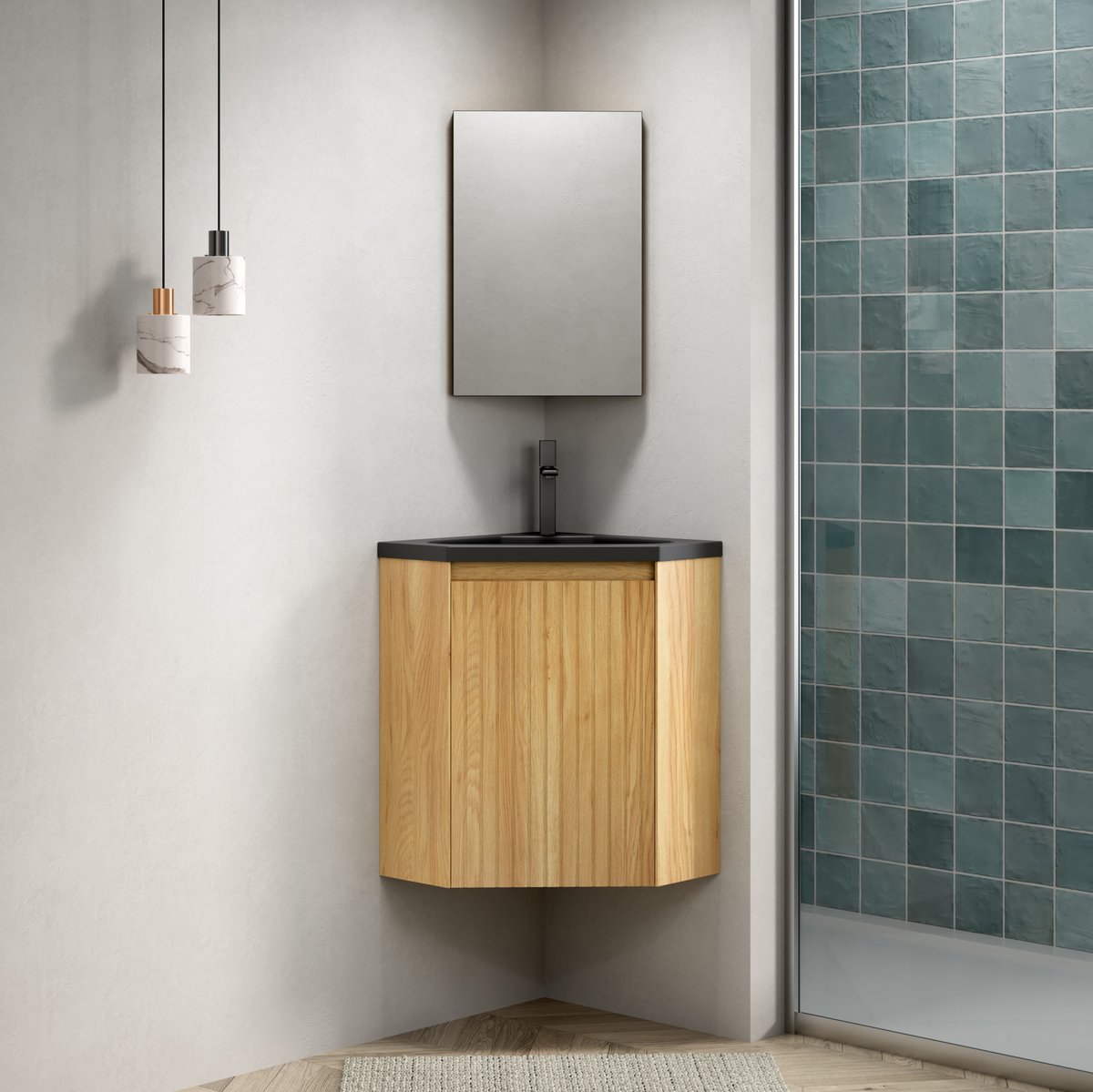 STILVORA Hoekwastafel Met Badkamermeubel - Matzwarte Geintegreerde Wasbak - Wandmodel Voor Hoeken En Kleine Badkamers - Hout;Kunststof - 54,5x54,5x50 Cm - Zwart;Natuurlijk