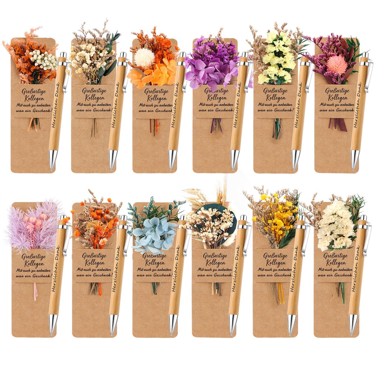 Solidchoice - Set van 12 Houten Balpennen met Bedrukking en Boeket Drogen Bloemen