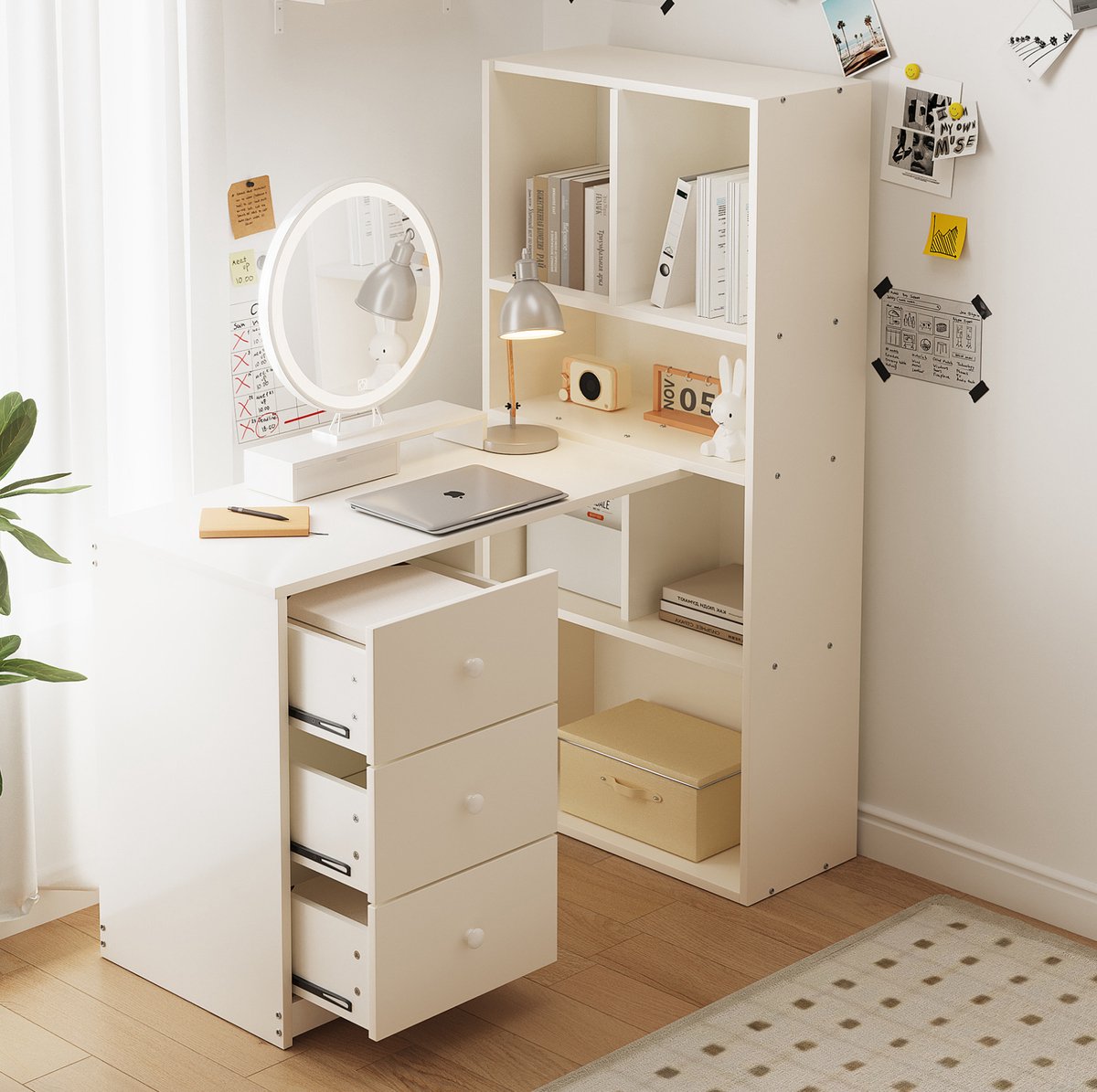 Wishdor Hoekbureau met boekenkast - 3 laden en 4 vakken - Wit - Compact ontwerp - 117 x 63 x 135 cm