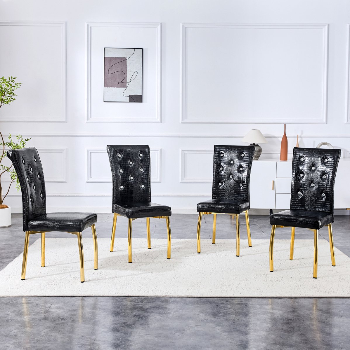 DESMIU Eetkamerstoel Set Van 4 - Retro Krokodillenhuid Design Met Kristal Knopen - Voor Eetkamer Keuken En Bar - Kunstleer - Zwart Goud