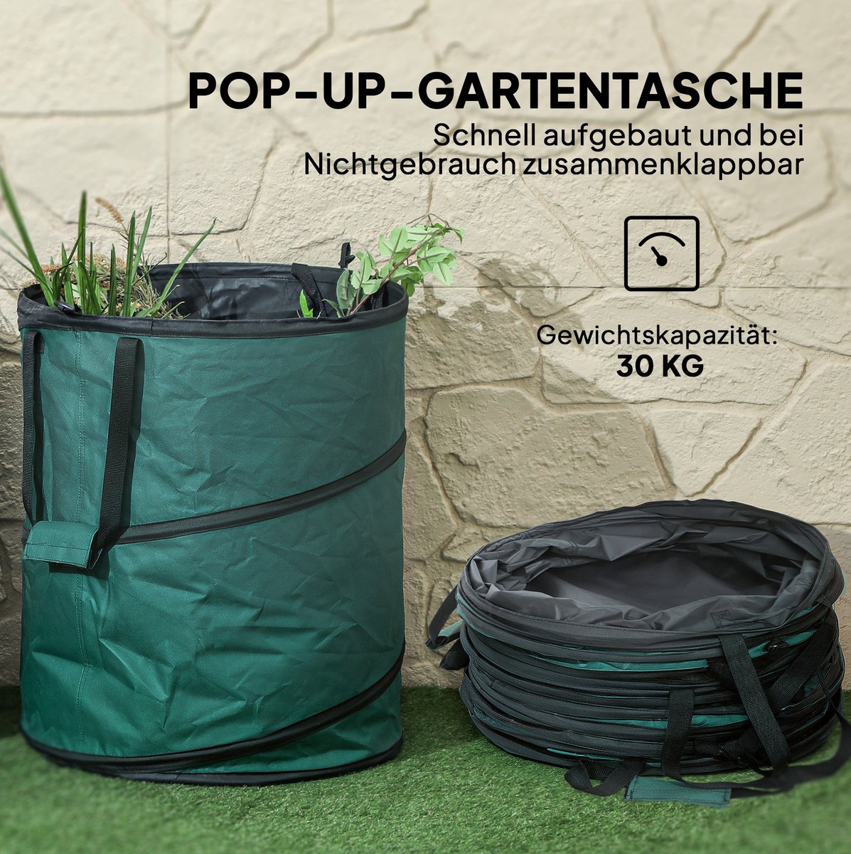 REDOM - Pop-up tuinafvalzak - Zelfstaand en opvouwbaar - Met ritssluiting en handgrepen - Oxford polyester - Tuin en garage - Groen - 2x160L - Ø55 x 65 cm