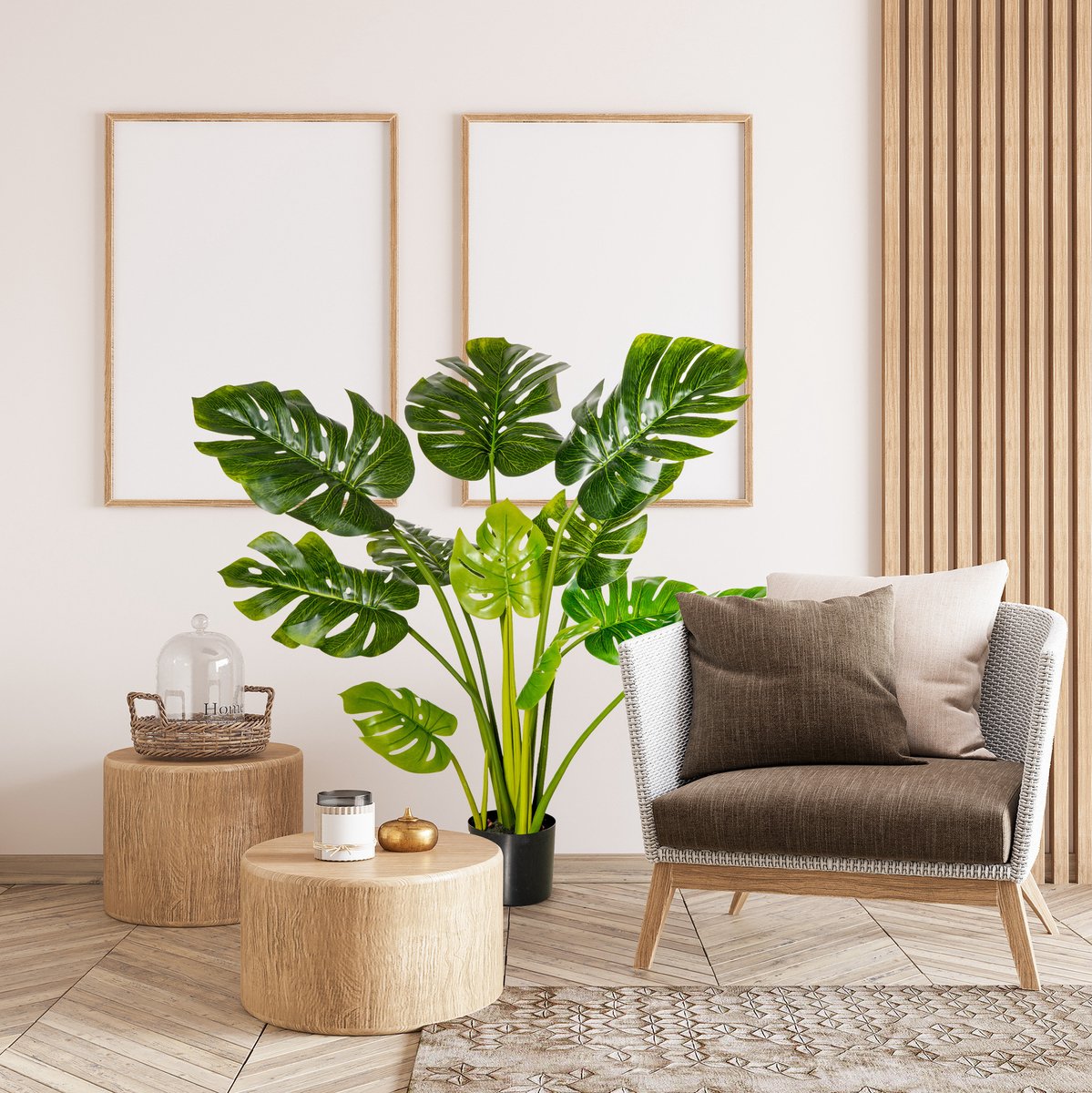 REDOM - Kunstplant Monstera - Realistische grote bladeren - Inclusief zwarte bloempot - Voor binnen & buiten - Kunststof - 110 cm