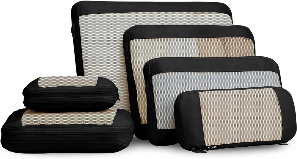 Compression Packing Cubes - Koffer Organizer Set - Reis Organisatie - Bespaart 50% Ruimte - 6 Delige Set - Zwart