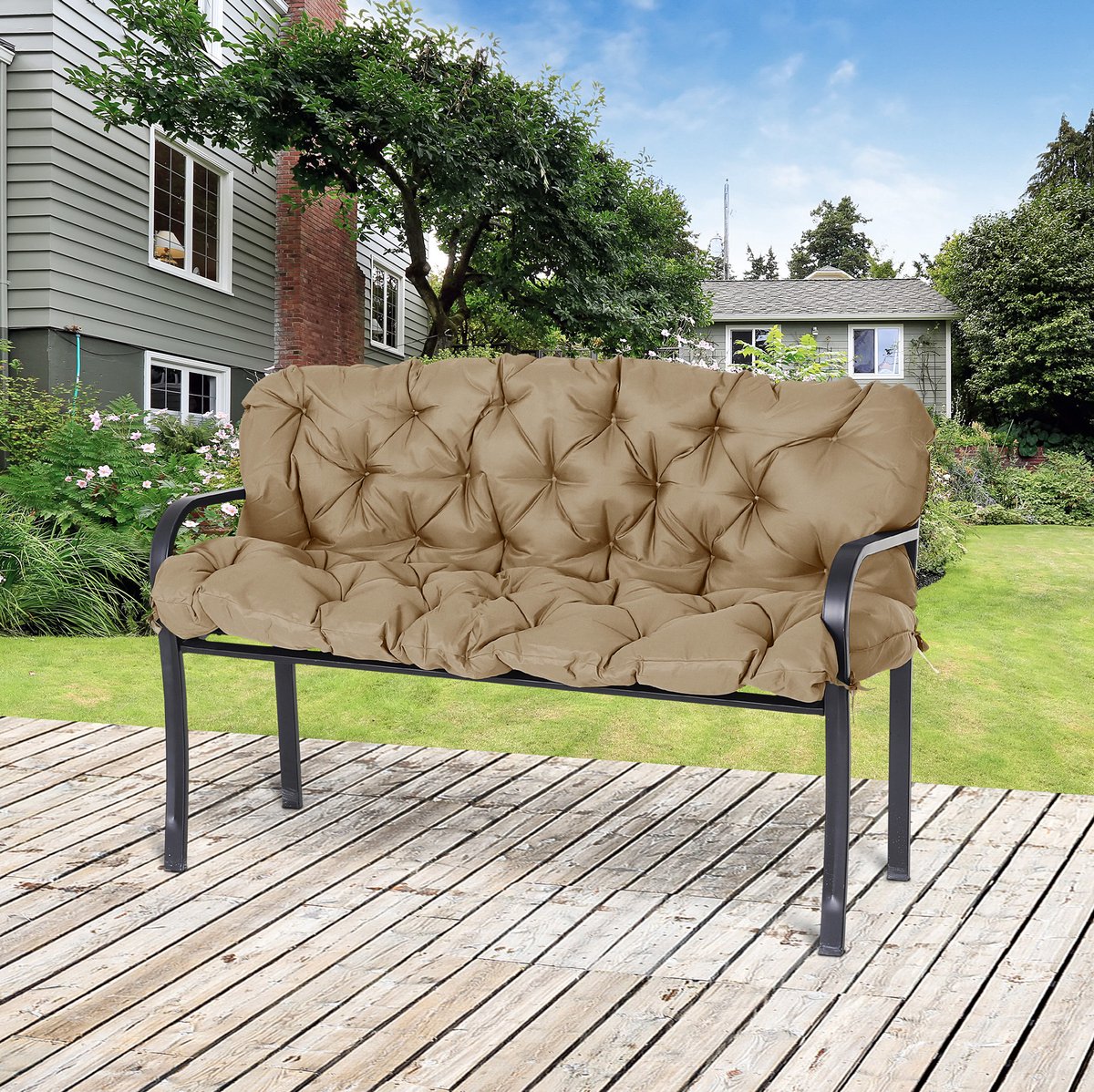 REDOM - Tuinbankkussen - Dikke schuimvulling - Met rugkussen - Met 6 bevestigingsbanden - Effen stijl - Voor tuinbank - Polyester - Khaki - 150 x 98 x 8 cm