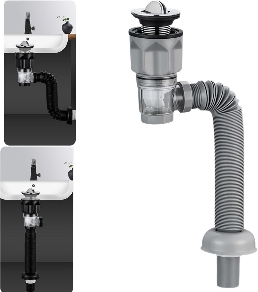 Flexibele en Uitbreidbare P-Trap Afvoer Set voor Badkamer - Anti-geur Afvoerbuis voor 1-1/4", 1-1/2" en 2" Afvoeropeningen met Flip Stijl