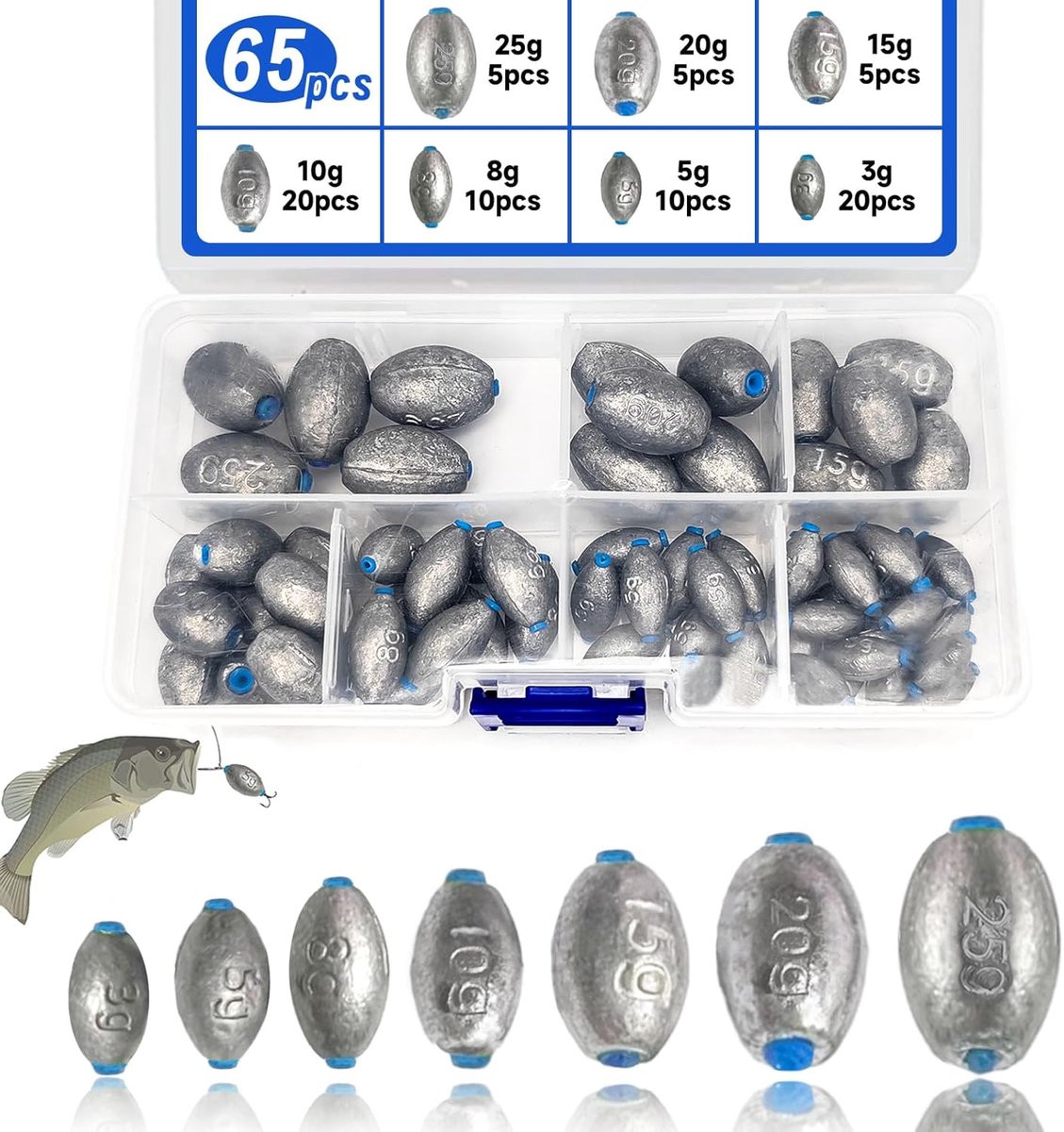 XSHAO® 65 stuks vislood, gewicht, perzikolijflood, 3 g/5 g/8 g/10 g/15 g/20 g/25 g, met opbergdoos voor zeevissen - ShopVlot