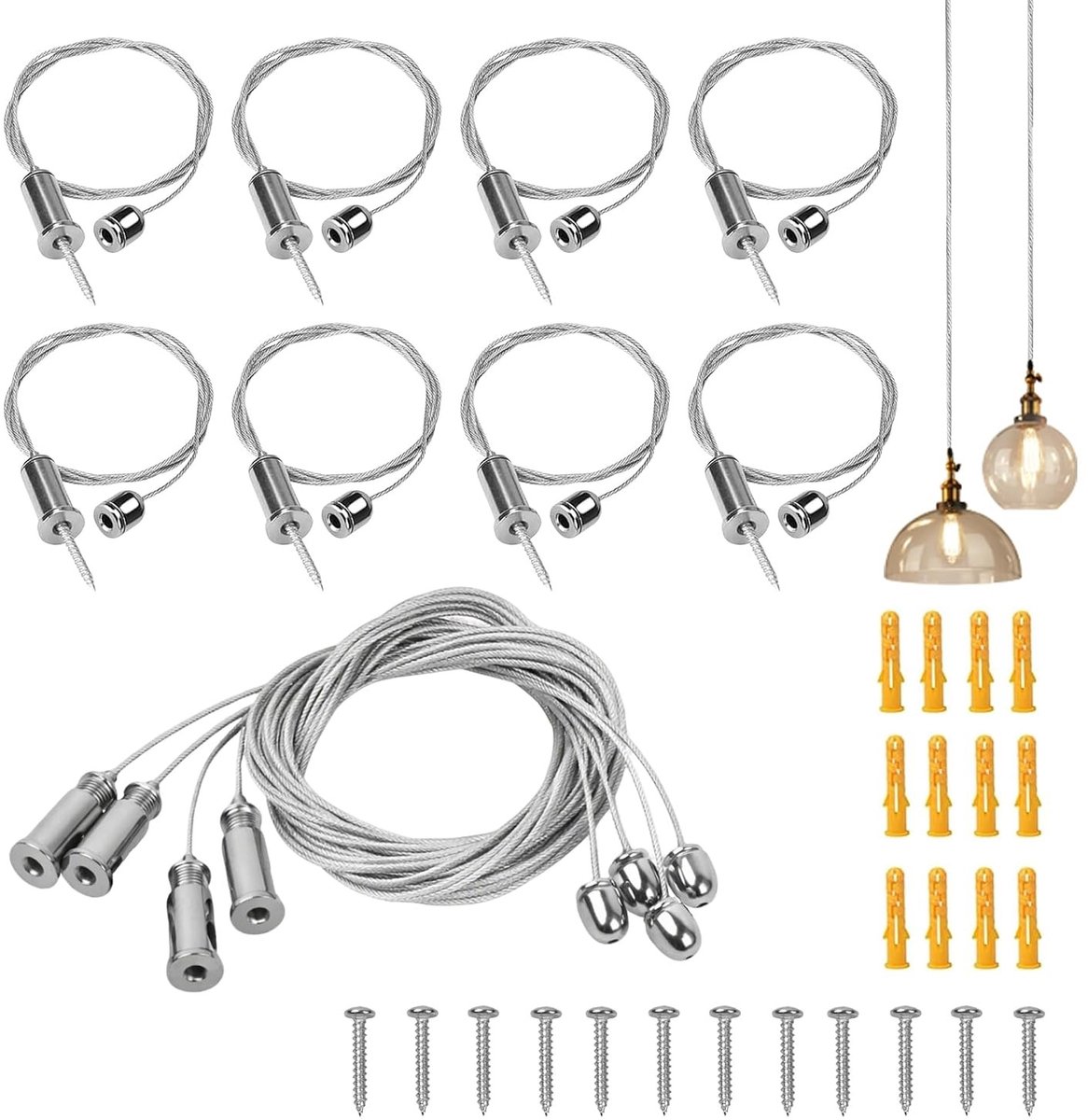 Kabelophangingen inbouwset 1,5 mm x 1 m voor verstelbare lampophangingen en plafondbevestiging, ideaal voor LED-panelen en plafondlampen
