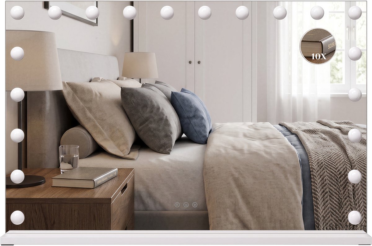 Auralum MAX Hollywood Spiegel met Verlichting - 90x60CM - 3 Lichtstanden - 20 LED Lampen - Make Up Spiegel met 10x Vergrootspiegel - Vanity Spiegel - Mirror - Dimbaar - USB +Type-C Oplaadpoort - Wit