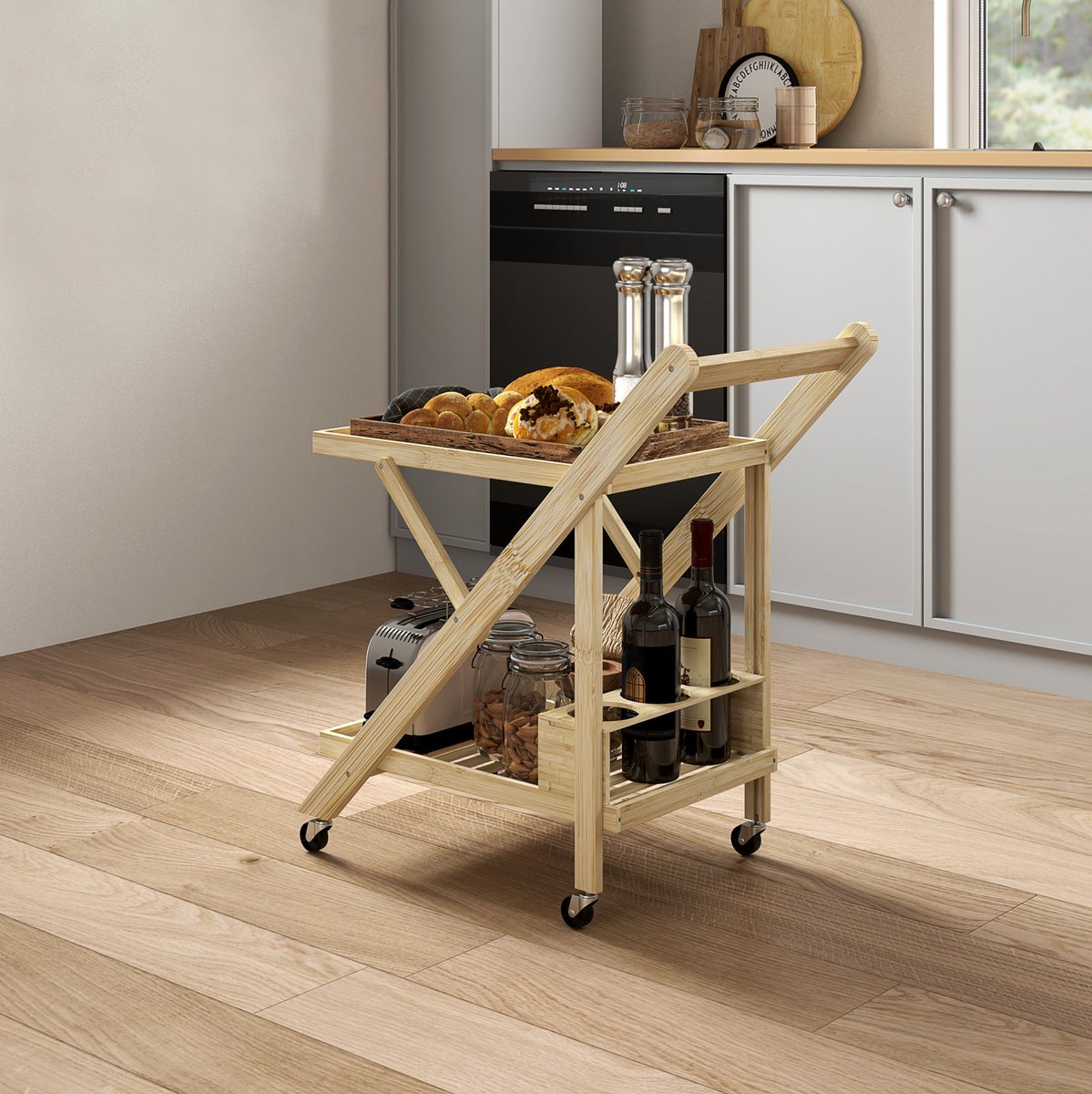 MIVRAY Keukenwagen – Opvouwbaar Met Wijnrek En Wielen – 66 X 40 X 70 Cm – Bamboe – Naturel Hout – Voor Keuken En Eetkamer