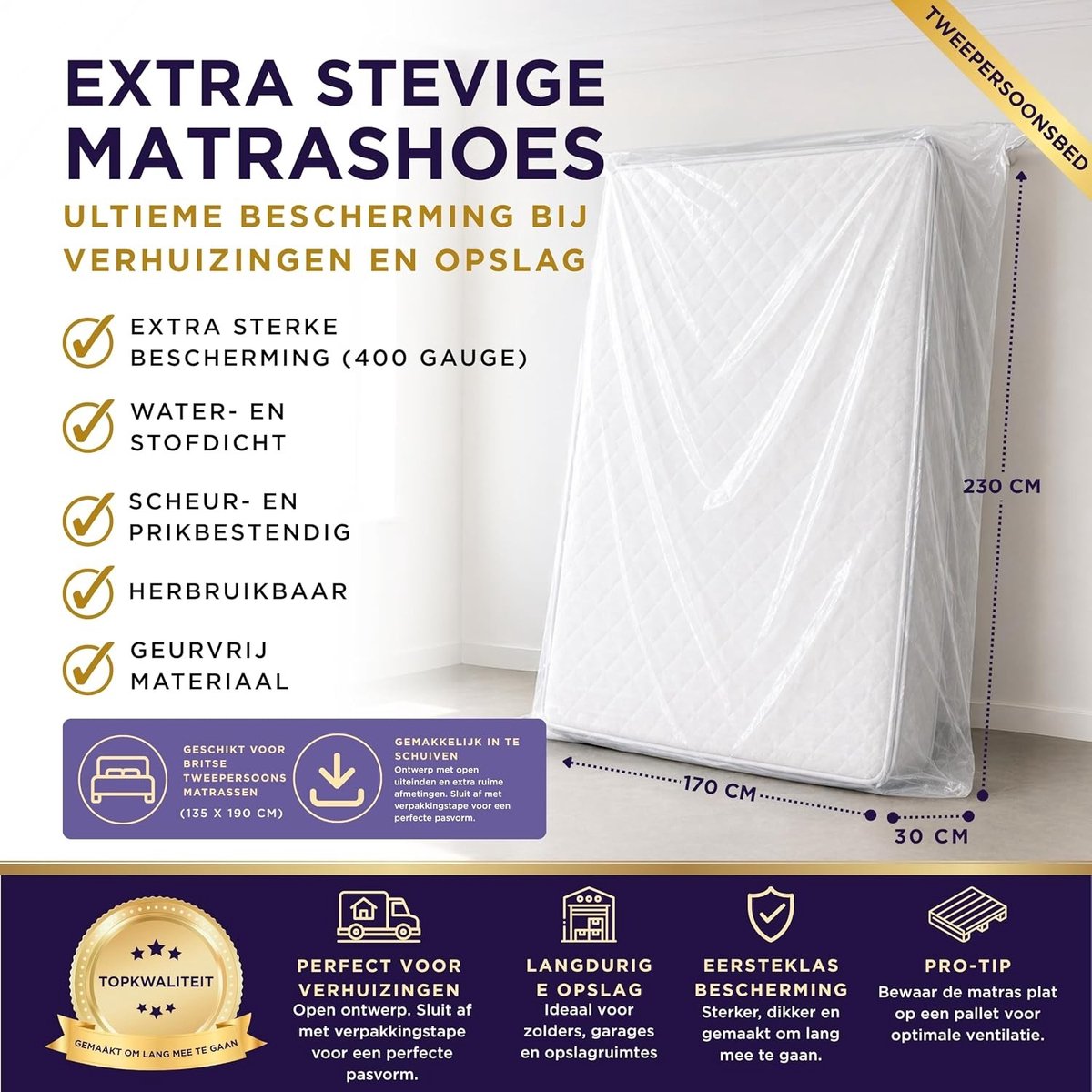 Matrashoes verhuizen - Doorzichtig - 230 x 170 x 30 cm - Scheurbestendig en Waterdicht - Voor Matrassen