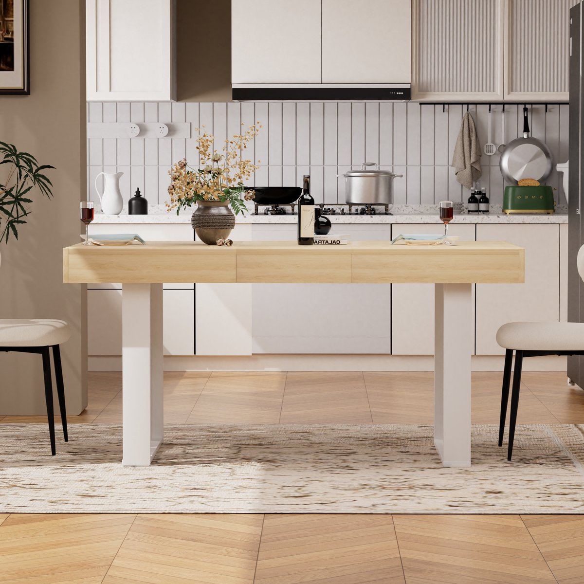 VVBV Eettafel 120-160 cm - Voor 8 Personen, Uitschuifbaar, Ruimtebesparend - Naturel/Wit