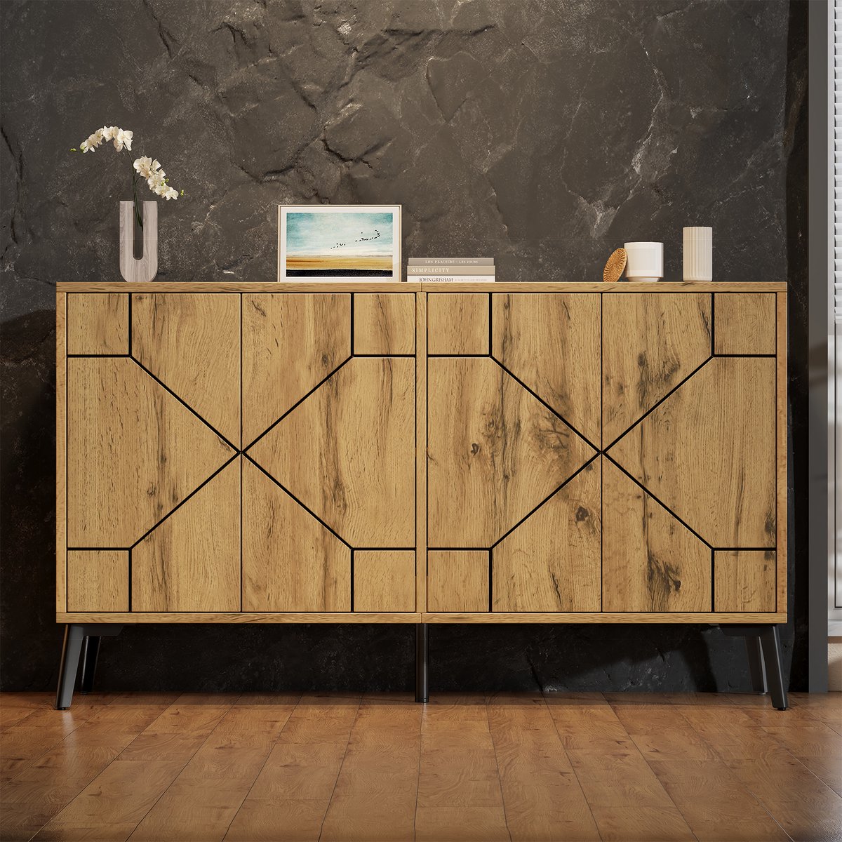 VVBV Dressoir 120x35x69 cm - Golfpatroon, 4 Deuren met Push-to-Open, 4 Opbergvakken, Breed Tafelblad - Naturel