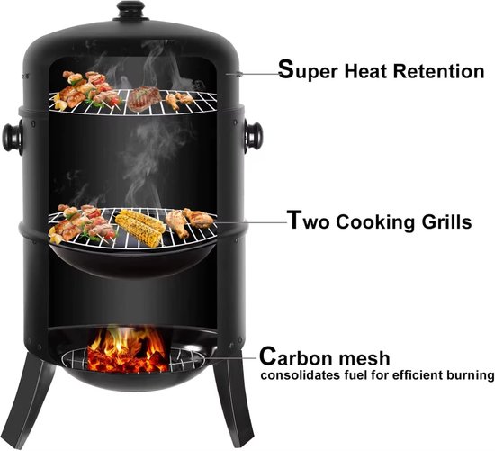 VIEMAE Barbecue - Houtskools barbecue - Barbecue houtskool - Houtskoolgrill - 3-in-1 - Met roker vat & thermometer - RVS - Zwart — afbeelding 4