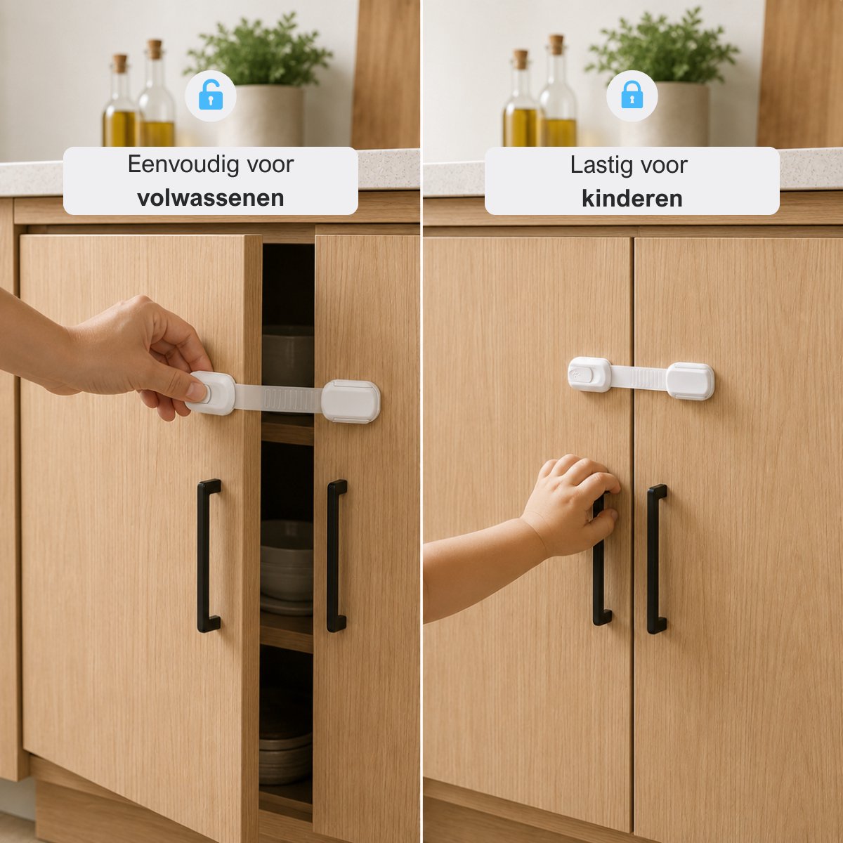 MasonPro Kinderslot Kastjes - Kastbeveiliging voor Kinderen - Kinderbeveiliging voor Kasten en Lades - Kinderslot Kast - Kinderveiligheid - Kastsloten Baby - Deurbeveiliging Kinderen - Zonder Boren & Schroeven - 8 Stuks - 3x18CM - Wit – foto 5