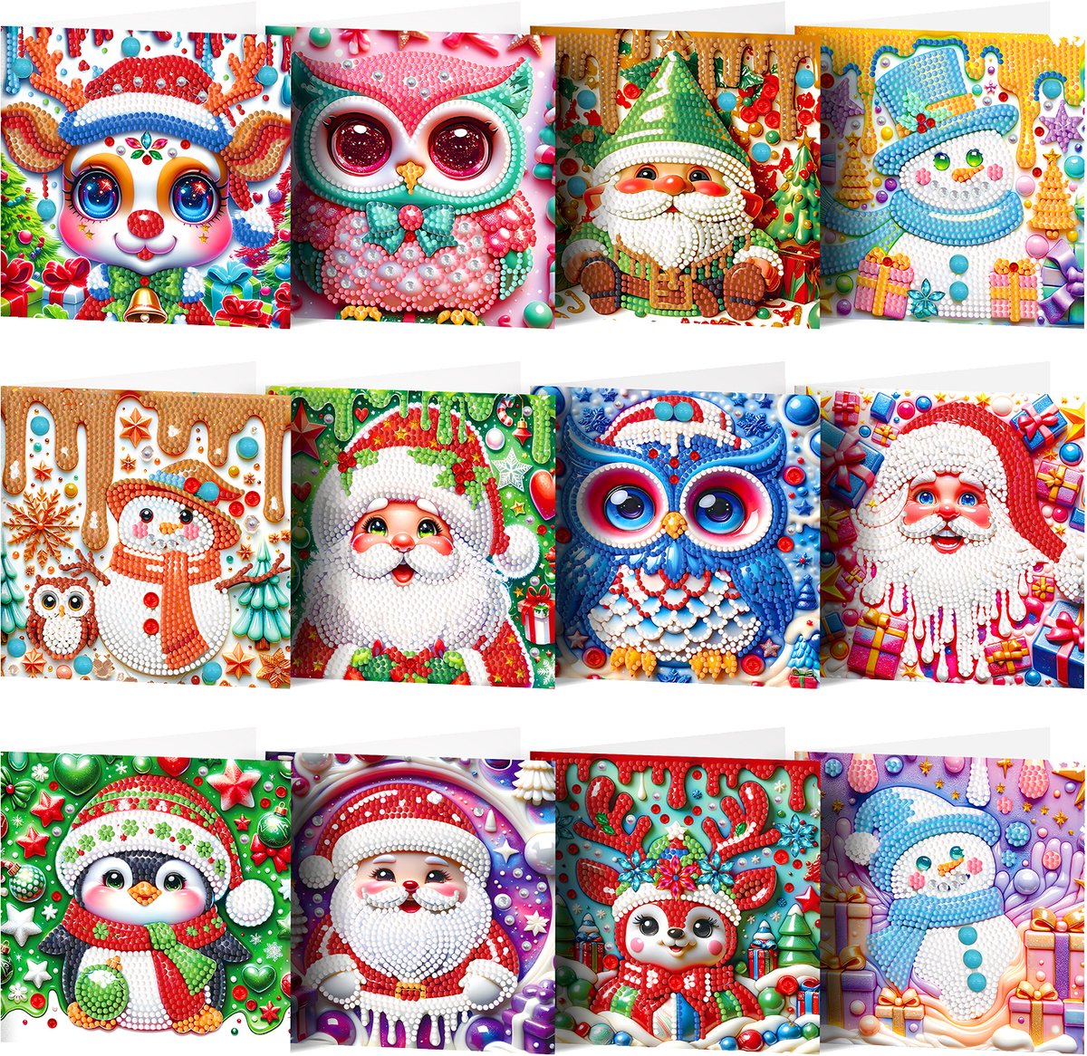 Adorzy Diamond Painting Kerstkaarten – 12 stuks - 15x15 cm - Diamond Painting pakket volledig – Diamond Painting Volwassenen