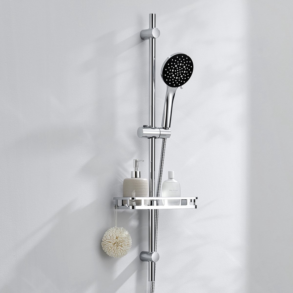 Auralum Max 50% Waterbesparende Glijstang Doucheset - 90 cm Glijstangset Met Plankje - Douchekop Ø 12 cm - Handdouche met 6 Standen - Universele Aansluiting - Chroom&Zwart