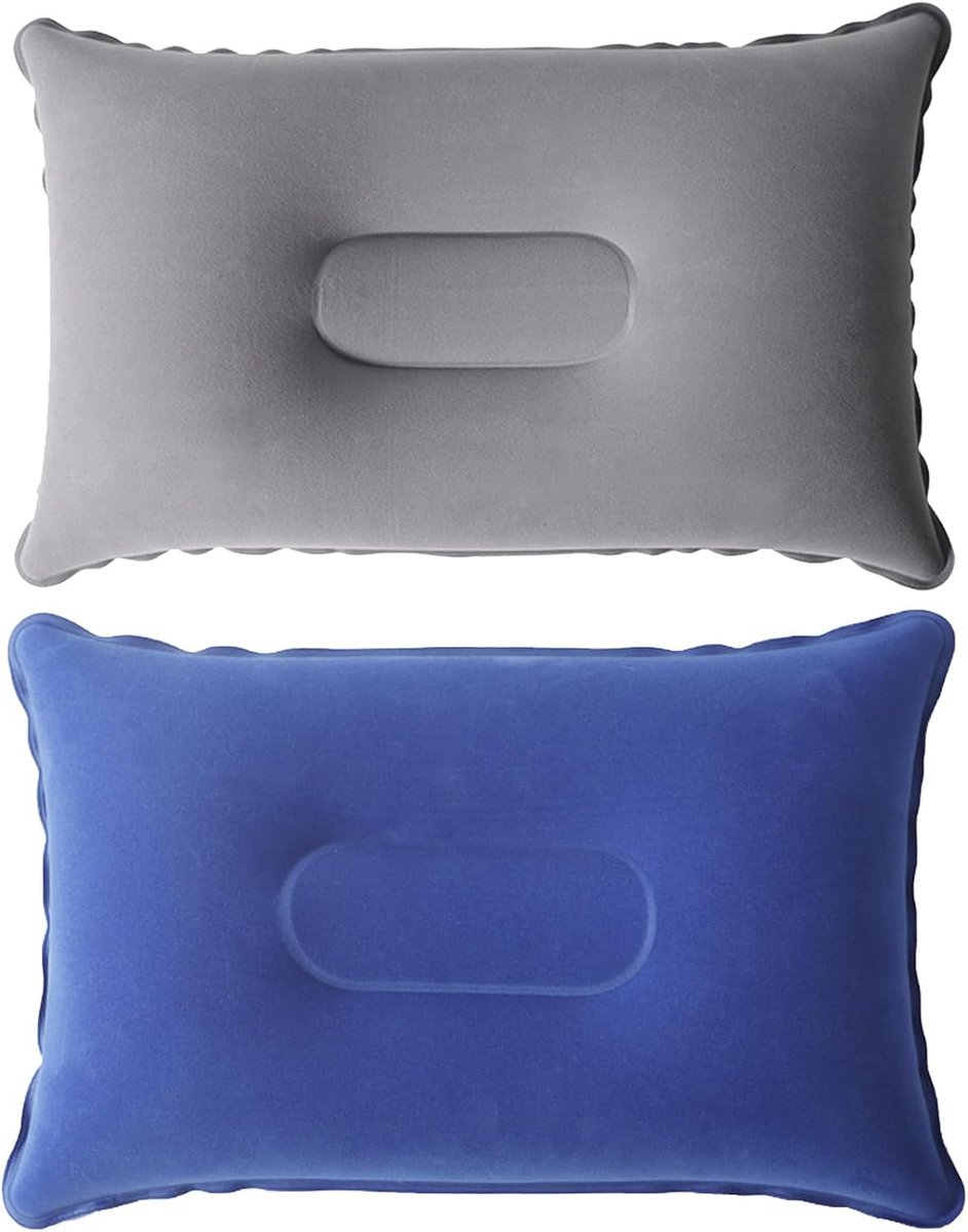 Opblaasbaar Strandkussen - Grijs en Azuurblauw - 34 x 22 cm - Ultralicht en Draagbaar Reiskussen - Voor Outdoor en Kamperen