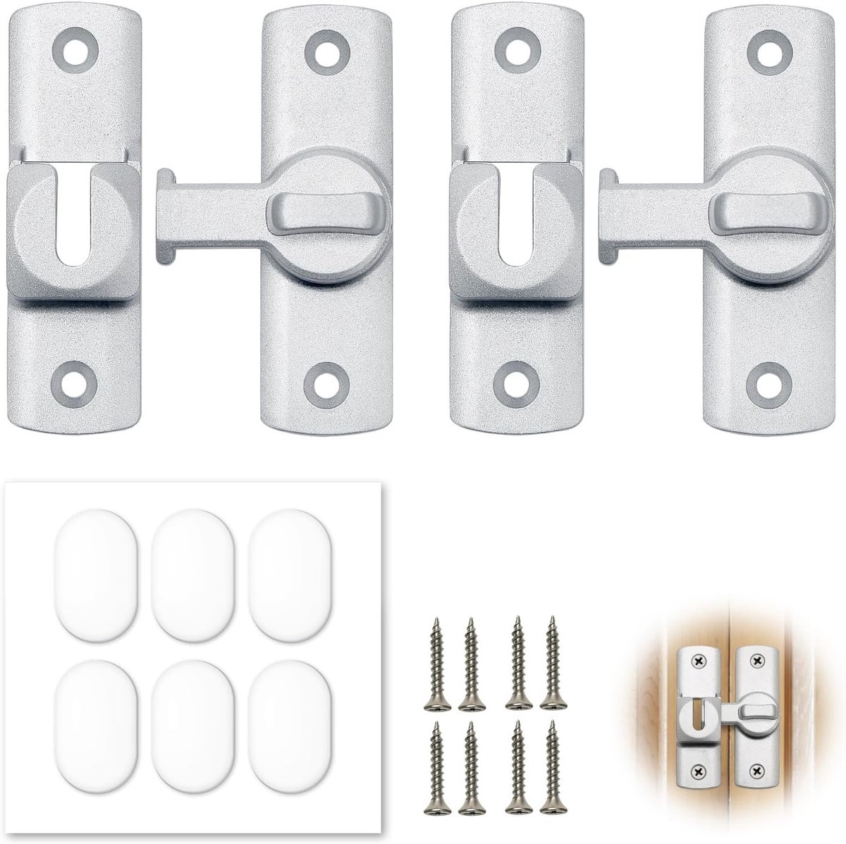 Set van 2 schuifdeursloten met schroeven en adhesieve deurbuffer voor keuken, raam en balkon deuren, 90/180 graden draaimechanisme