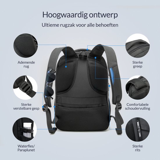 Zwarte rugzak met ademende rug en schouderpadding. Details: verstelbare gesp, waterdicht vak, sterke ritsen, handvat en een lus om aan een koffer te bevestigen.