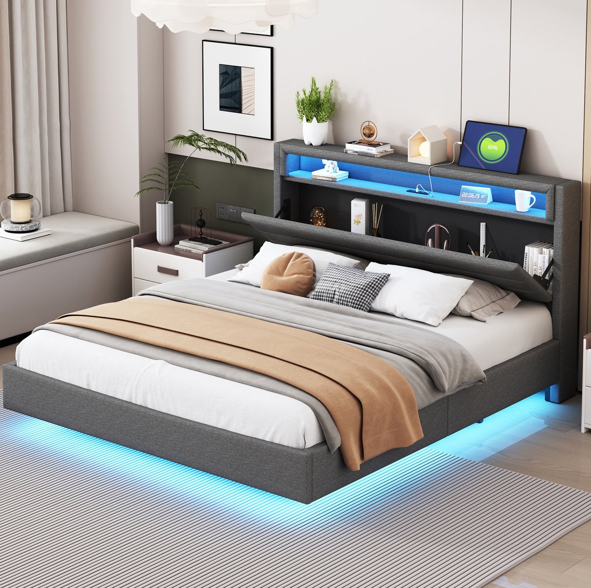 Wishdor Tweepersoonsbed 160x200 cm - Grijs gestoffeerd - Met ledverlichting en usb-poort - Met opbergruimte - Met lattenbodem - 201 x 161 x 108 cm